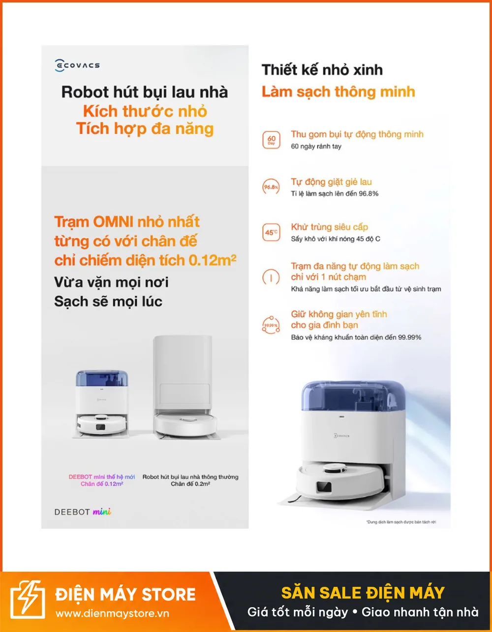 Ecovacs Deebot Mini Robot H&uacute;t Bụi Lau Nh&agrave; Nhỏ Gọn 9000Pa