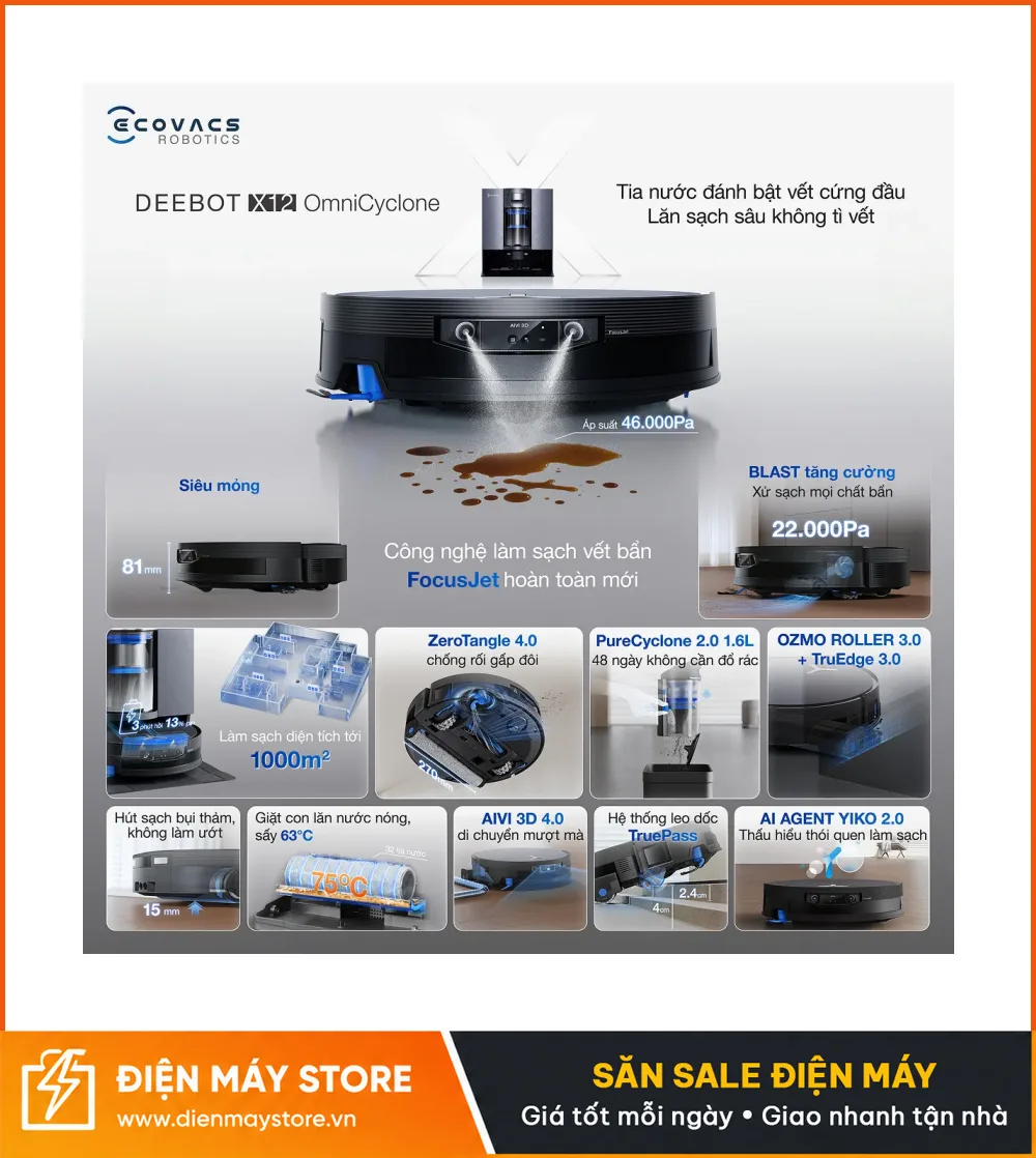 Ecovacs X12 OmniCyclone Robot H&uacute;t Bụi Th&ocirc;ng Minh 2 Trong 1