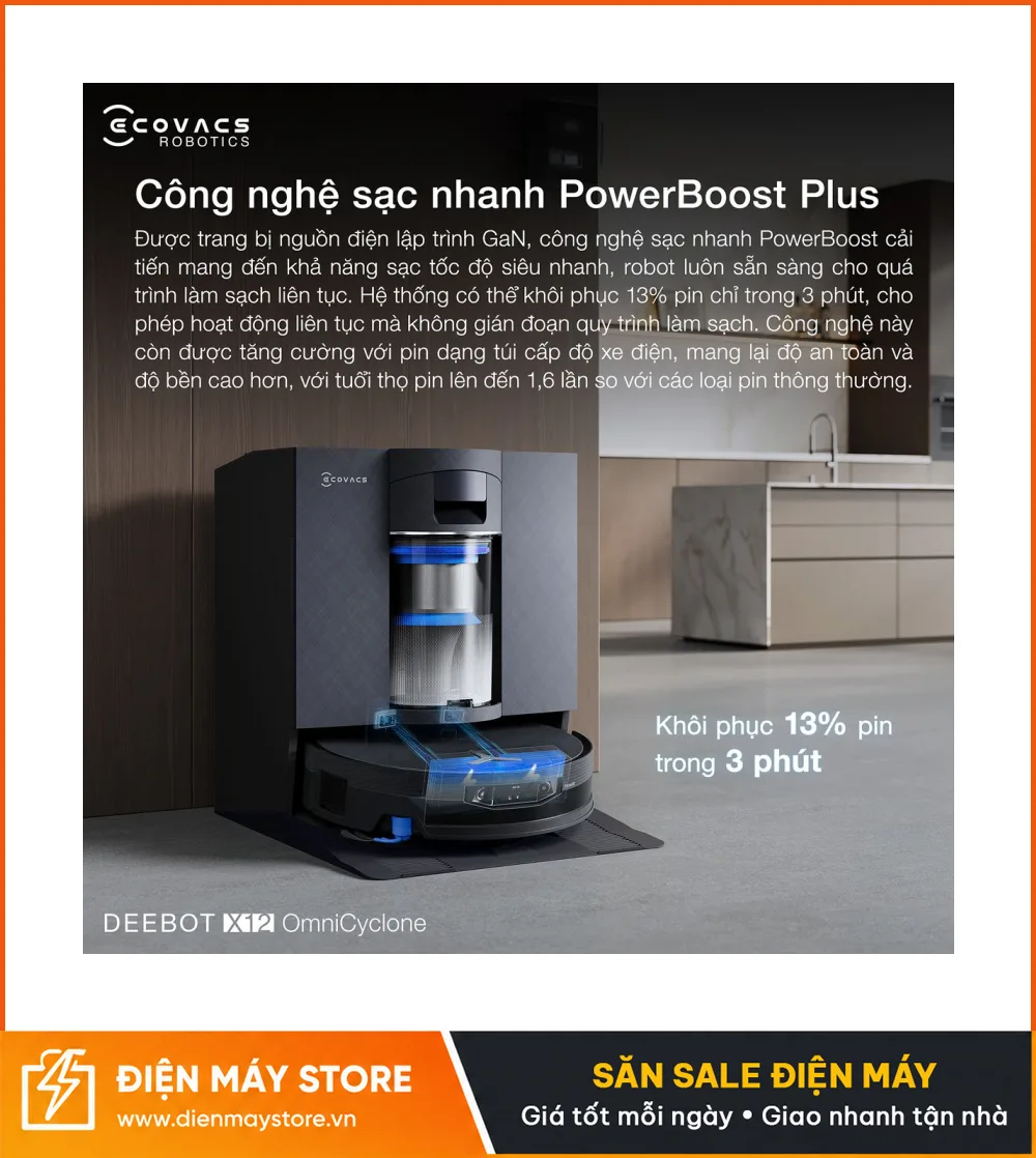 Ecovacs X12 OmniCyclone Robot H&uacute;t Bụi Th&ocirc;ng Minh 2 Trong 1