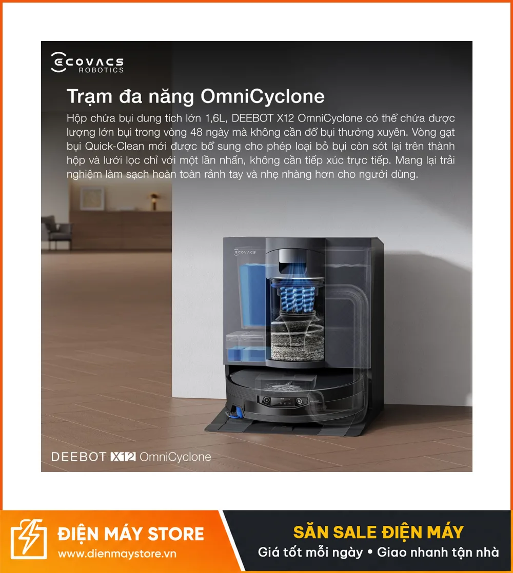 Ecovacs X12 OmniCyclone Robot H&uacute;t Bụi Th&ocirc;ng Minh 2 Trong 1
