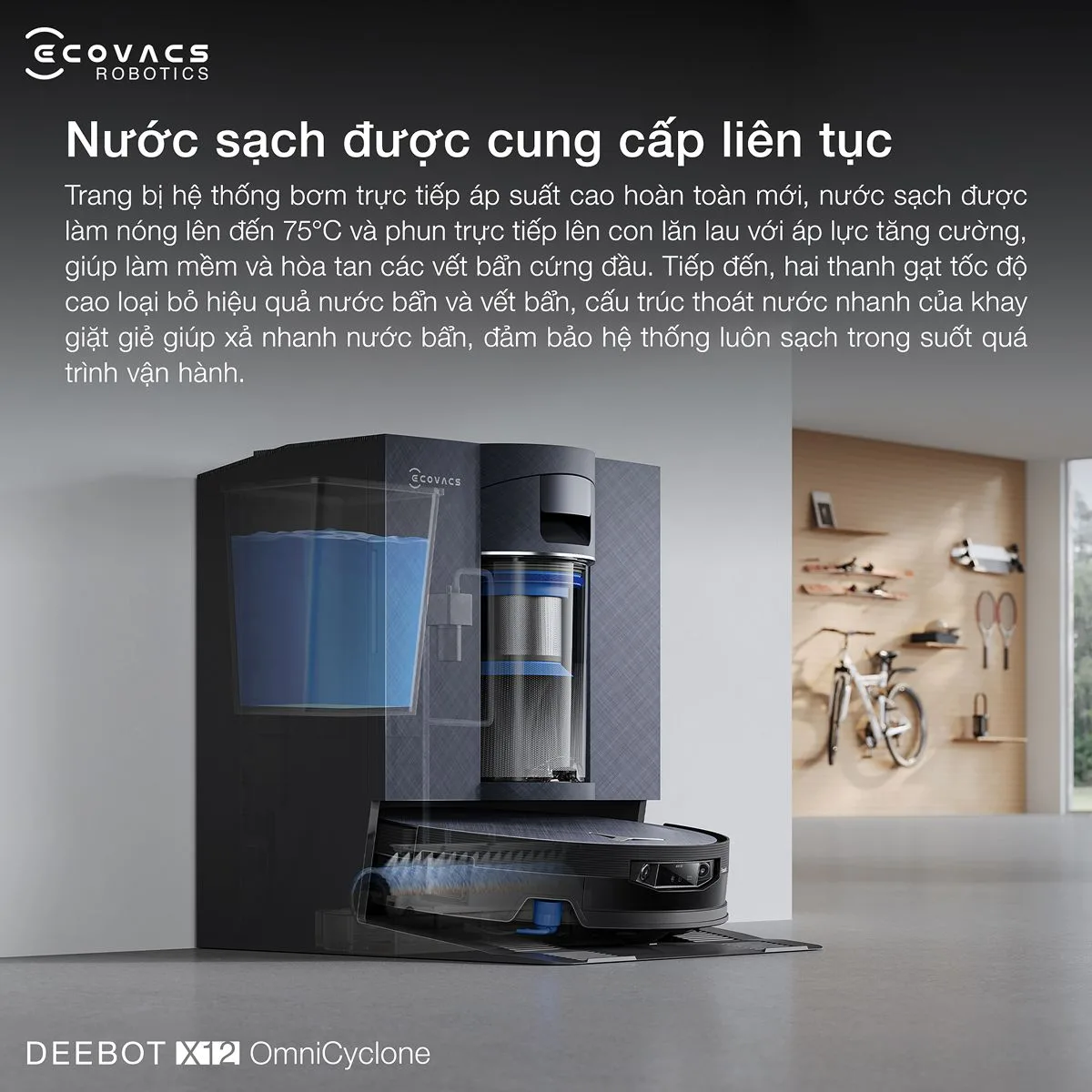 Ecovacs Deebot X12 OmniCyclone - Robot h&uacute;t bụi lau nh&agrave; th&ocirc;ng minh 2 trong 1