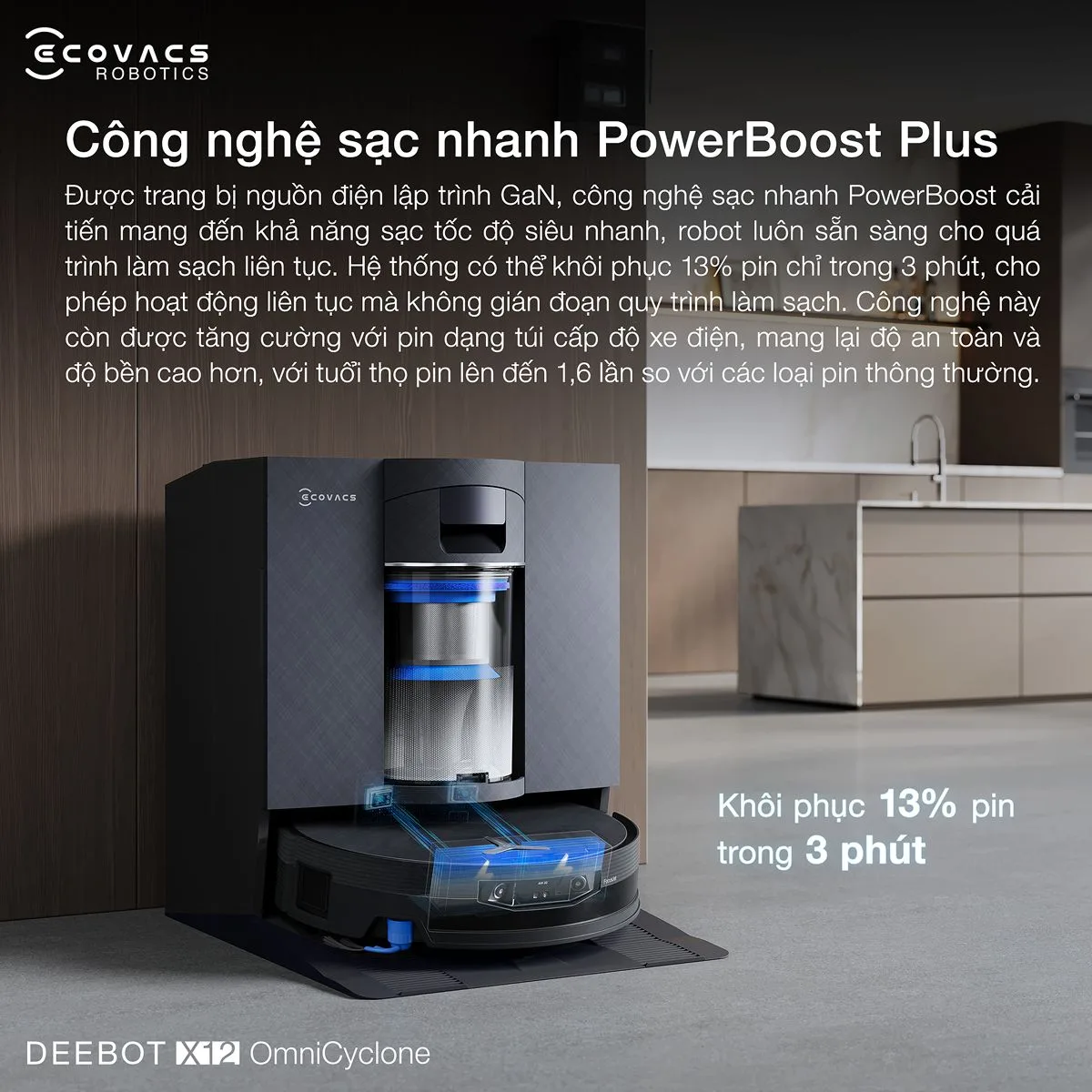 Ecovacs Deebot X12 OmniCyclone - Robot h&uacute;t bụi lau nh&agrave; th&ocirc;ng minh 2 trong 1